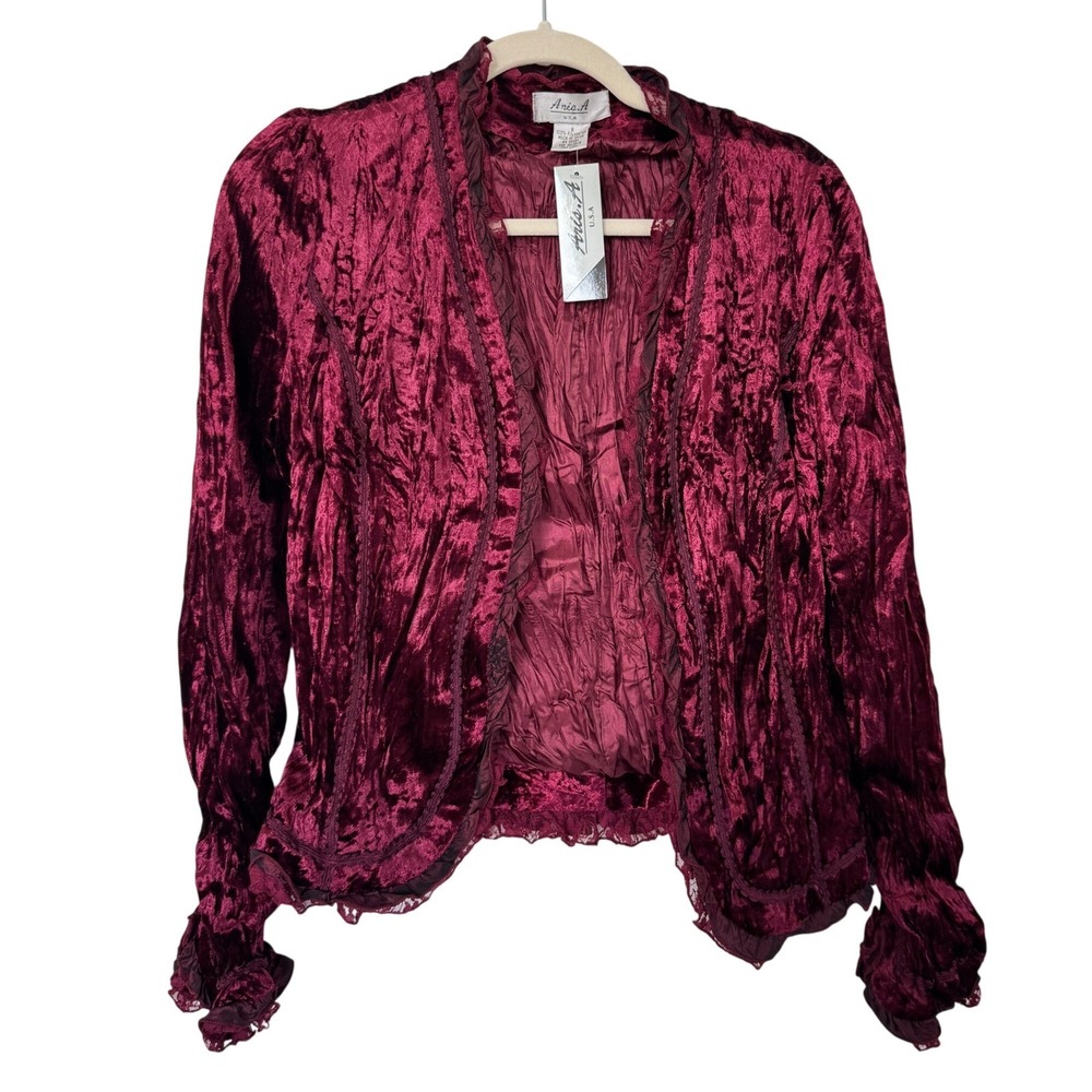 Ania A Cardigan Jacket Burgundy Crushed Velvet Lace Trim Layering NWT - S